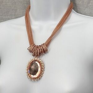 Rose Gold Tone Mesh Chain w/ Large Oval Crystal Pendant Retro Bold Glam Necklace